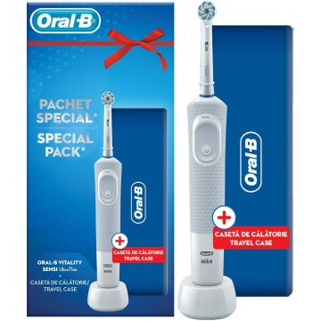 Periuta de dinti electrica Oral-B Vitality D100 Sensi Ultra Thin, 7600 oscilatii, 1 program, 1 capat, Alb + Travel Case