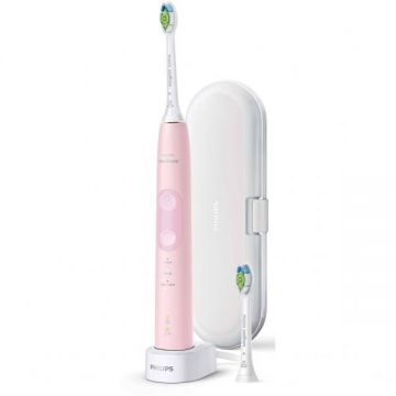 Philips Periuta de dinti sonica electrica Philips Sonicare ProtectiveClean HX6856/29, 62000 miscari/minut, 3 moduri de curatare, senzor presiune, functie BrushSync, 2 capete de periere, toc de transport, Roz pastel