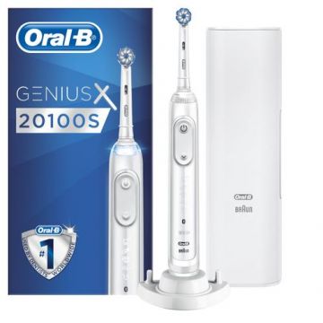 Periuta de dinti electrica Oral-B Genius X 20100S, Bluetooth, Inteligenta Artificiala, 6 Programe, 1 Capat, Trusa de calatorie (Alb)