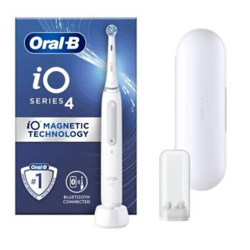 Periuta de dinti electrica Oral-B iO4 cu Tehnologie Magnetica si Micro-Vibratii, Senzor de presiune Smart, 4 moduri, 1 capat, Trusa de calatorie (Alb)