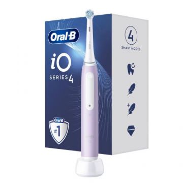 Periuta de dinti electrica Oral-B iO4 cu Tehnologie Magnetica si Micro-Vibratii, Senzor de presiune Smart, 4 moduri, 1 capat, Trusa de calatorie (Lavanda)