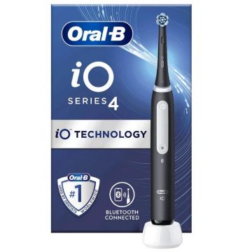 Periuta de dinti electrica Oral-B iO4 cu Tehnologie Magnetica si Micro-Vibratii, Senzor de presiune Smart, 4 moduri, 1 capat, Trusa de calatorie (Negru)