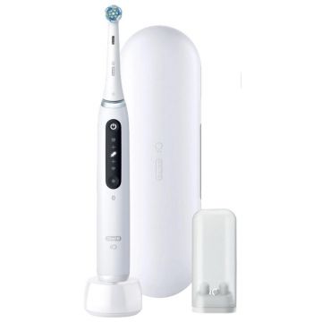 Periuta de dinti electrica Oral-B iO5 cu Tehnologie Magnetica si Micro-Vibratii, Inteligenta artificiala, Display conversational, Senzor de presiune Smart, 5 moduri, 1 capat, Trusa de calatorie (Alb)