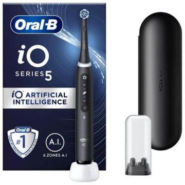 Periuta de dinti electrica Oral-B iO5 cu Tehnologie Magnetica si Micro-Vibratii, Inteligenta artificiala, Display conversational, Senzor de presiune Smart, 5 moduri, 1 capat, Trusa de calatorie (Negru)