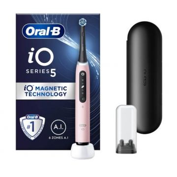 Periuta de dinti electrica Oral-B iO5 cu Tehnologie Magnetica si Micro-Vibratii, Inteligenta artificiala, Display conversational, Senzor de presiune Smart, 5 moduri, 1 capat, Trusa de calatorie (Roz)