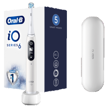 Periuta de dinti electrica Oral-B iO6 cu Tehnologie Magnetica si Micro-Vibratii, Inteligenta artificiala, Display led interactiv, Senzor de presiune Smart, Timer vizibil, 5 moduri, 1 capat, Trusa de calatorie, Alb