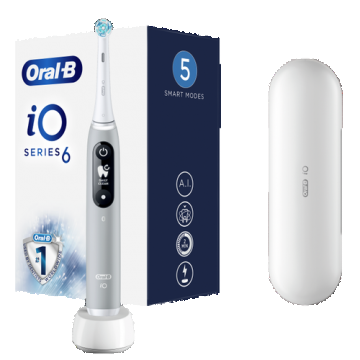 Periuta de dinti electrica Oral-B iO6 cu Tehnologie Magnetica si Micro-Vibratii, Inteligenta artificiala, Display led interactiv, Senzor de presiune Smart, Timer vizibil, 5 moduri, 1 capat, Trusa de calatorie, Gri