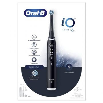 Periuta de dinti electrica Oral-B iO6 cu Tehnologie Magnetica si Micro-Vibratii, Inteligenta artificiala, Display led interactiv, Senzor de presiune Smart, Timer vizibil, 5 moduri, 1 capat, Trusa de calatorie (Negru)