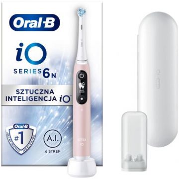 Periuta de dinti electrica Oral-B iO6N cu Tehnologie Magnetica si Micro-Vibratii, Inteligenta artificiala, Display led interactiv, Senzor de presiune Smart, Timer vizibil, 5 moduri, 1 capat, Trusa de calatorie (Roz)