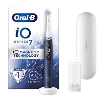 Periuta de dinti electrica Oral-B iO7 cu Tehnologie Magnetica si Micro-Vibratii, Inteligenta artificiala, Display led interactiv, Senzor de presiune Smart, Timer vizibil, 5 moduri, 1 capat, Incarcator magnetic, Trusa de calatorie (Albastru)