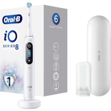 Periuta de dinti electrica Oral-B iO8 cu Tehnologie Magnetica si Micro-Vibratii, Inteligenta artificiala, Display led interactiv, Senzor de presiune Smart, Timer vizibil, 6 moduri, 1 capat, Suport rezerve, Incarcator magnetic, Trusa de calatorie, Alb