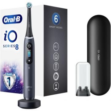 Periuta de dinti electrica Oral-B iO8 cu Tehnologie Magnetica si Micro-Vibratii, Inteligenta artificiala, Display led interactiv, Senzor de presiune Smart, Timer vizibil, 6 moduri, 1 capat, Suport rezerve, Incarcator magnetic, Trusa de calatorie, Negru