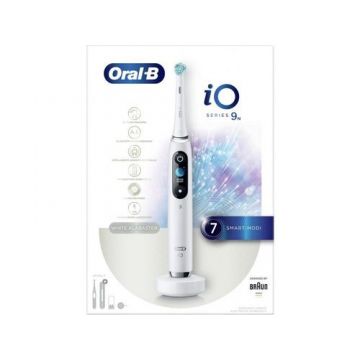 Periuta de dinti electrica Oral-B iO9, Tehnologie Magnetica, Micro-Vibratii, Inteligenta artificiala, Display led, Senzor de presiune Smart, Timer, 7 moduri, 1 capat, Suport rezerve, Incarcator magnetic, Trusa de calatorie cu incarcator (Alb)