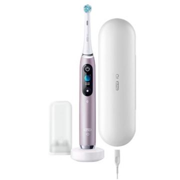 Periuta de dinti electrica Oral-B iO9, Tehnologie Magnetica, Micro-Vibratii, Inteligenta artificiala, Display led, Senzor de presiune Smart, Timer, 7 moduri, 1 capat, Suport rezerve, Incarcator magnetic, Trusa de calatorie cu incarcator (Roz)