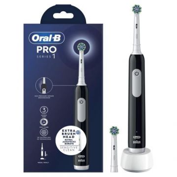 Periuta de dinti electrica Oral-B Pro Series 1, Curatare 3D, 3 moduri periaj, Timer, Senzor de presiune, 2 capete incluse (Negru)