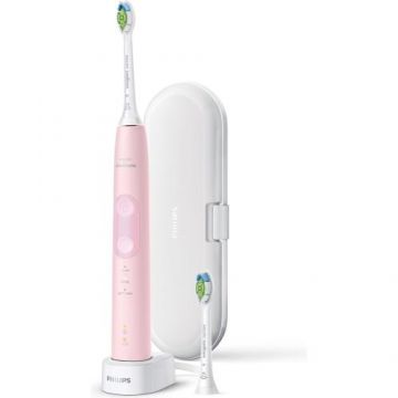 Periuta de dinti sonica electrica Philips Sonicare ProtectiveClean HX6856/29, 62000 miscari/minut, 3 moduri de curatare, senzor presiune, functie BrushSync, 2 capete de periere, toc de transport (Roz)