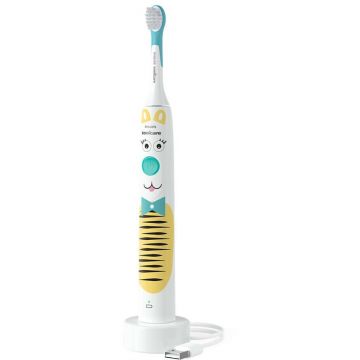 Philips Periuta electrica sonica Philips Sonicare Kids HX3601/01, 2 intensitati, conectivitate la aplicatie, 1 capat de periere, aplicatie de consiliere, stickere, Alb/Bleu