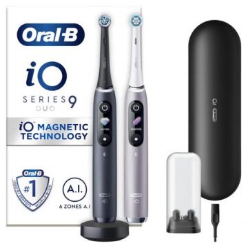 Set 2 Periute de dinti electrice Oral-B iO8 Duo, Tehnologie Magnetica si Micro-Vibratii, Inteligenta artificiala, Display led interactiv, Senzor de presiune Smart, Timer vizibil, 6 moduri, 2 capete, Incarcator magnetic, Trusa de calatorie (Alb/Negru)