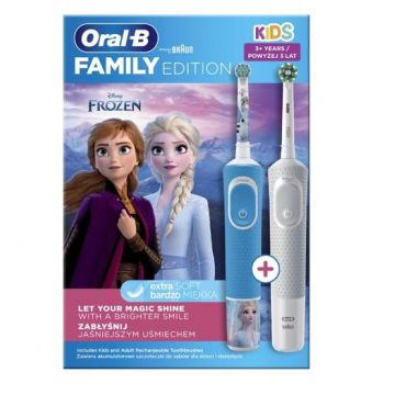 Set 2 periute de dinti electrice Oral-B Vitality Pro Frozen Family Edition, 3 moduri periaj, 2 capete incluse (Albastru/Alb)