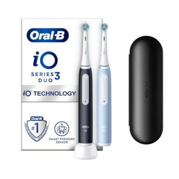 Set 2 x Periuta de dinti electrica Oral-B iO3, Duo Edition, 3 moduri periaj, Senzor presiune smart, 2 capete incluse (Negru/Albastru)