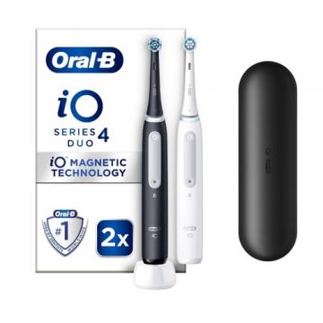 Set 2 x Periuta de dinti electrica Oral-B iO4 cu Tehnologie Magnetica si Micro-Vibratii, Senzor de presiune Smart, 4 moduri, 2 capete, Trusa de calatorie (Alb/Negru)